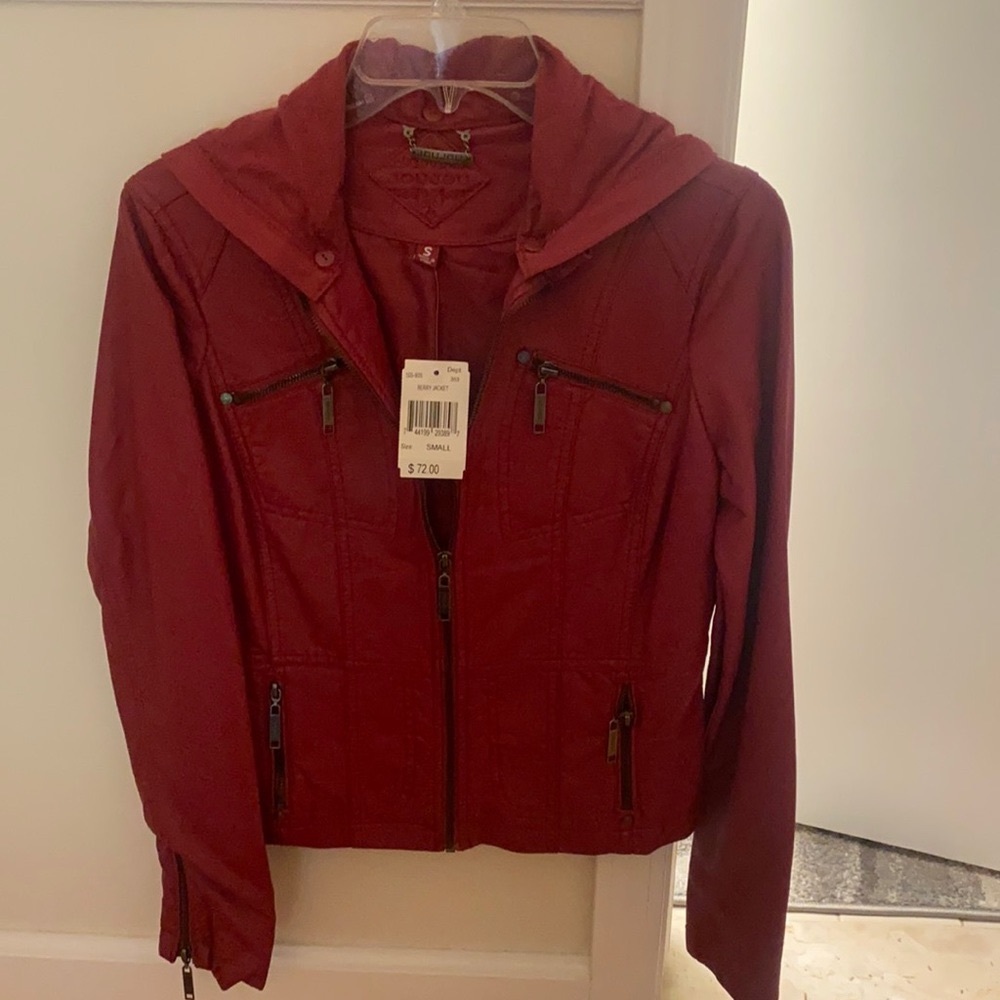 NWT. Red Faux-Leather Jacket with a Soft Cotton Hood.